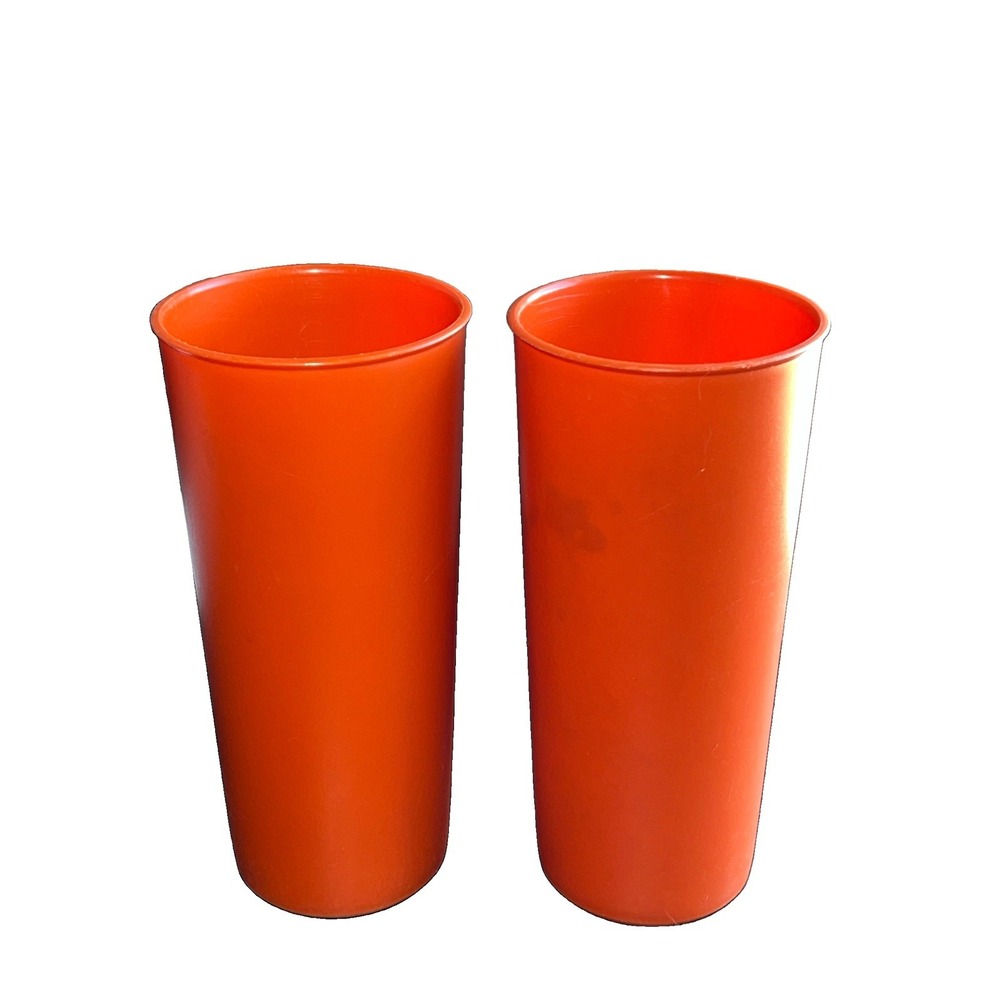 TUPPERWARE Vintage Tumblers  Set of 2  Orange Plastic Juice Cups Retro 12Oz #115